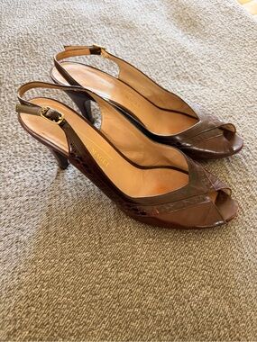 Bruno Magli Brown Croc-Embossed Leather Slingback Heels